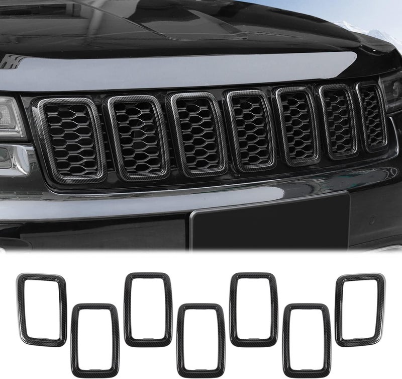 JeCar Front Grill Rings Grille Inserts Cover Trim Kit for 2017-2020 Jeep Grand Cherokee, Carbon Fiber (7Pcs) - Image 1